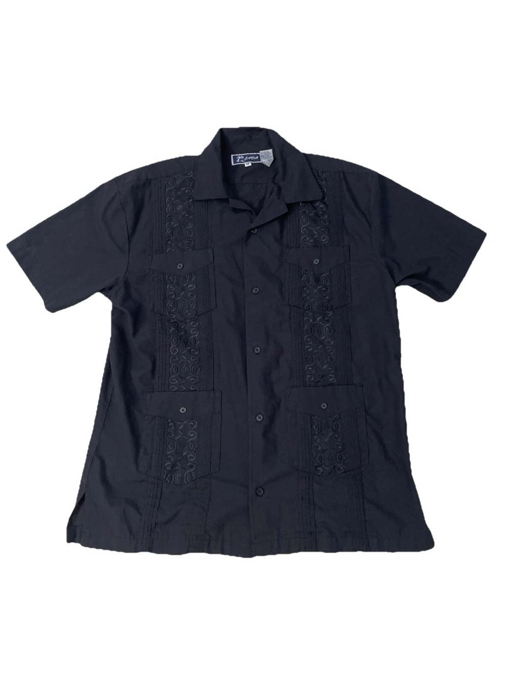 VTG Black Embroidered Floral Eyelet Camp Shirt Mens M Button-Up Vacation Beach